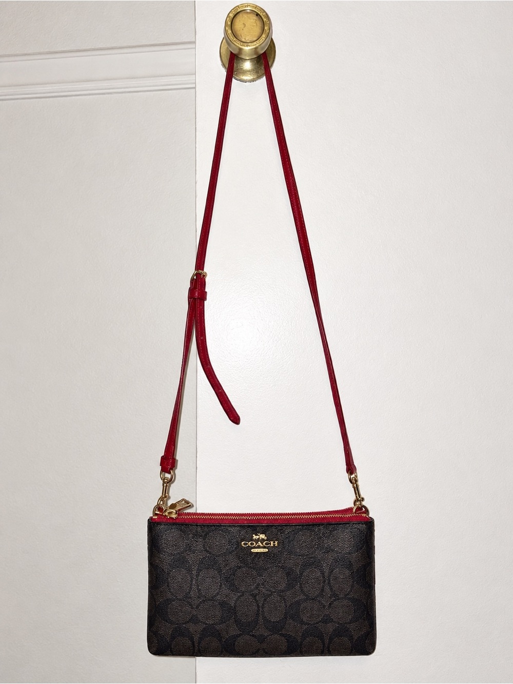 Coach Purse Brown Signature Crossbody with Red Trim and Red Back